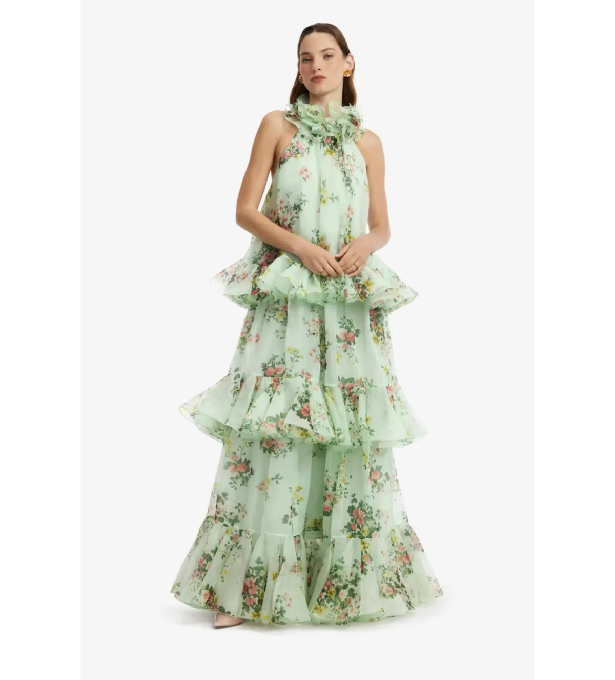 Leo Lin Thalia Halterneck Tiered Maxi Dress in Posy Print in Mint Size AU12 - Image 1