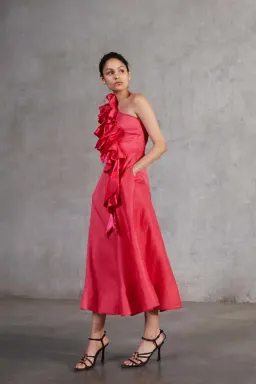 Aje Adelia Ruffle Midi Dress in Bougainvillea Red Size 12 for rent on The Volte - image 1