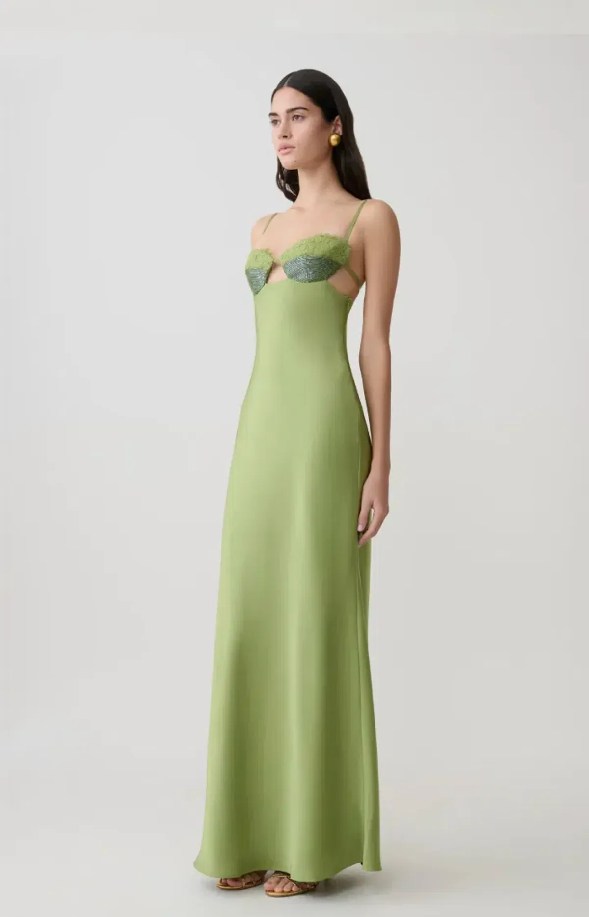 Meshki Fiorella Embellished Satin Maxi Dress - Pistachio, Size Small - Image 3