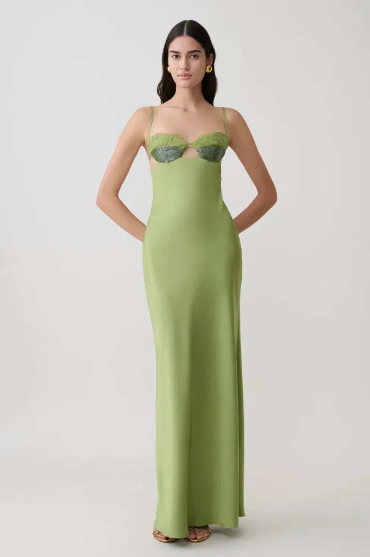 Meshki Fiorella Embellished Satin Maxi Dress - Pistachio, Size Small - Image 2
