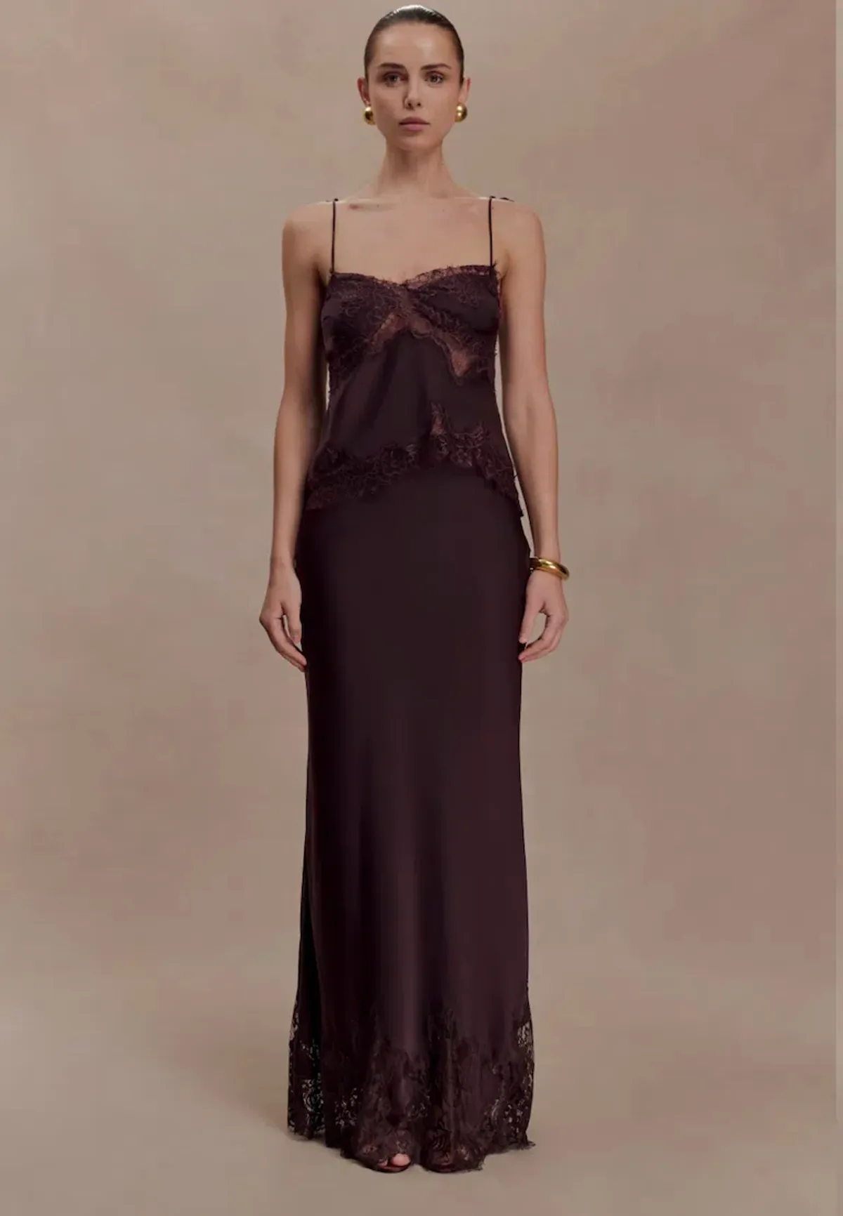 Meshki Nina Lace Trim Satin And Lace Maxi Skirt - Chocolate size XXS - Image 2