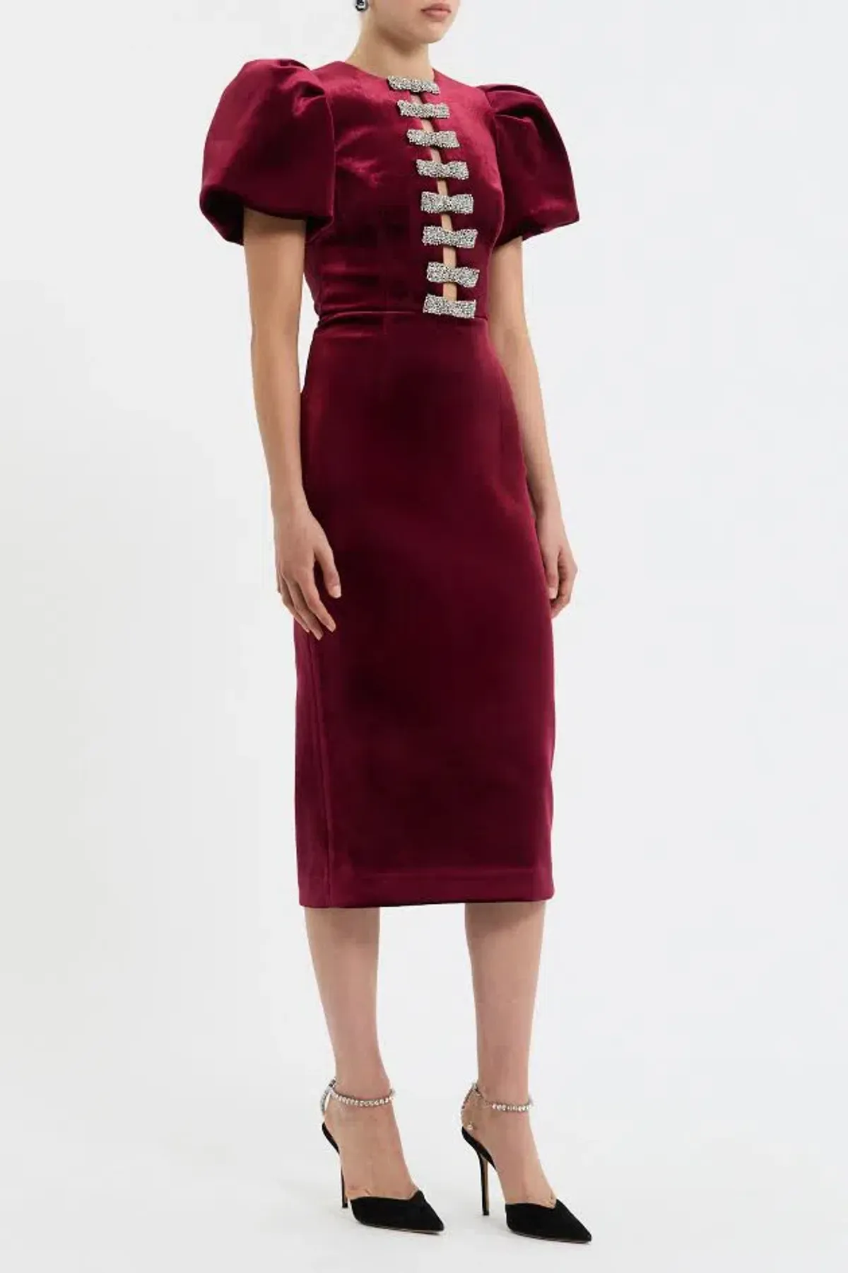 BRAND NEW ♥️ Rebecca Vallance Edwiena Puff Sleeve Midi Dress – Size 8 AU - Burgundy Wine Velvet ♥️ - Image 1
