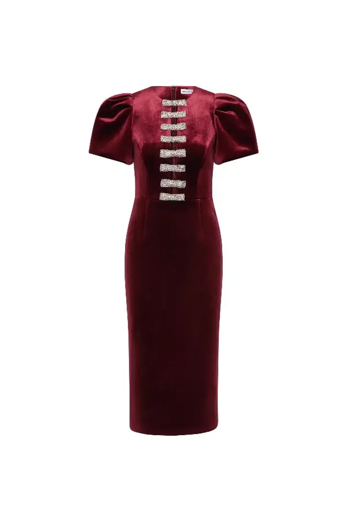 BRAND NEW ♥️ Rebecca Vallance Edwiena Puff Sleeve Midi Dress – Size 8 AU - Burgundy Wine Velvet ♥️ - Image 3