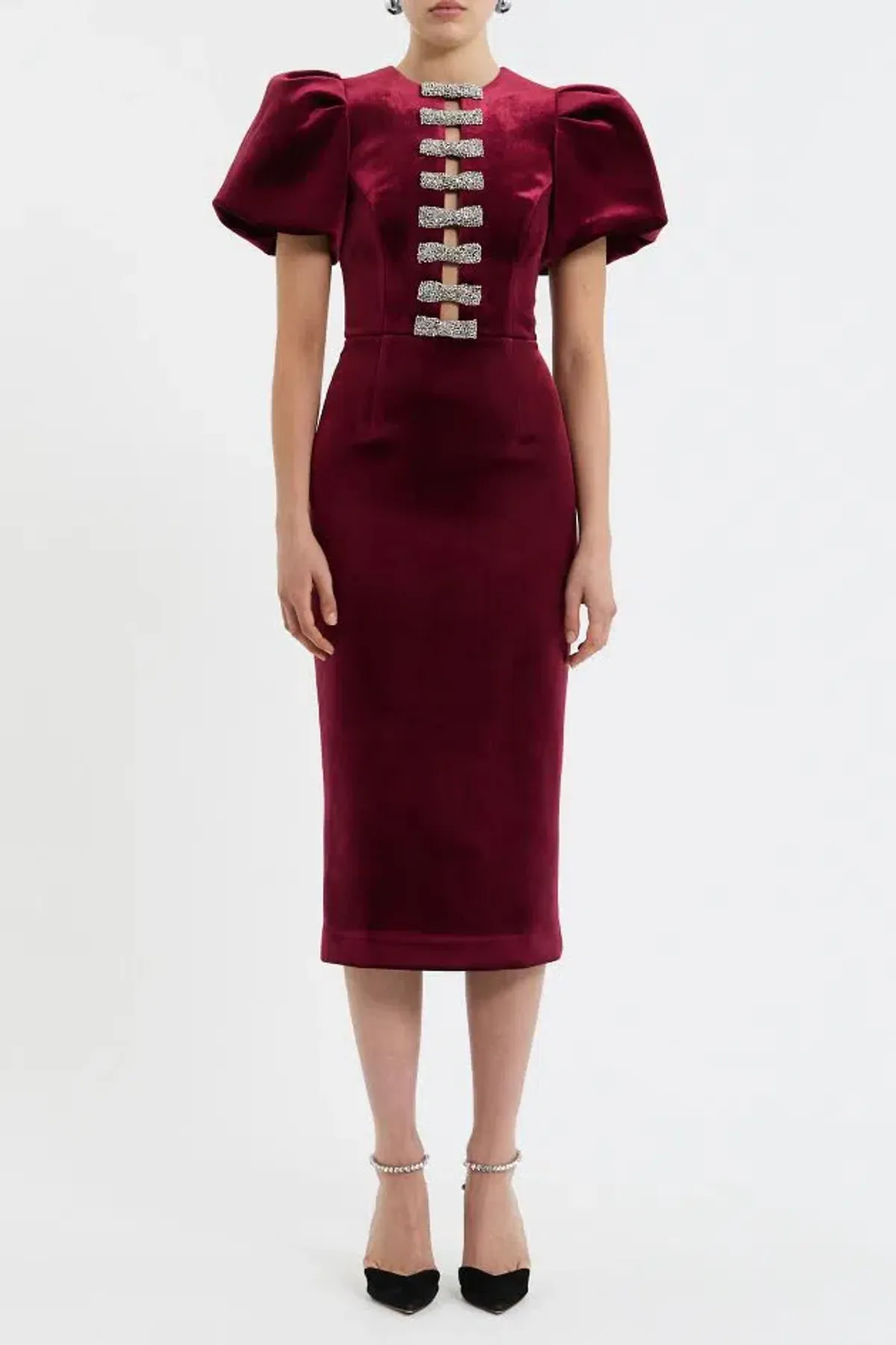 BRAND NEW ♥️ Rebecca Vallance Edwiena Puff Sleeve Midi Dress – Size 8 AU - Burgundy Wine Velvet ♥️ - Image 4