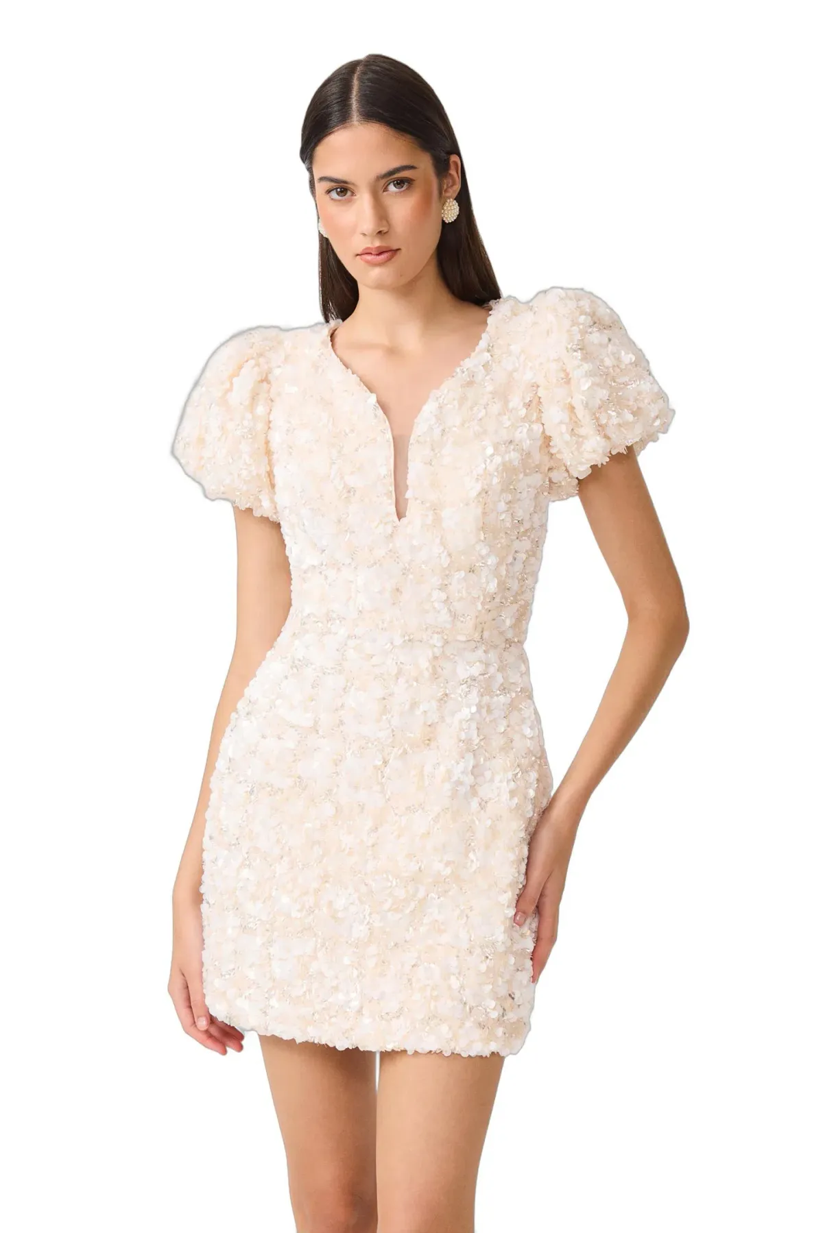 Elliatt Silvana Sequin Puff Sleeve Mini Dress Cream Size M - Image 3