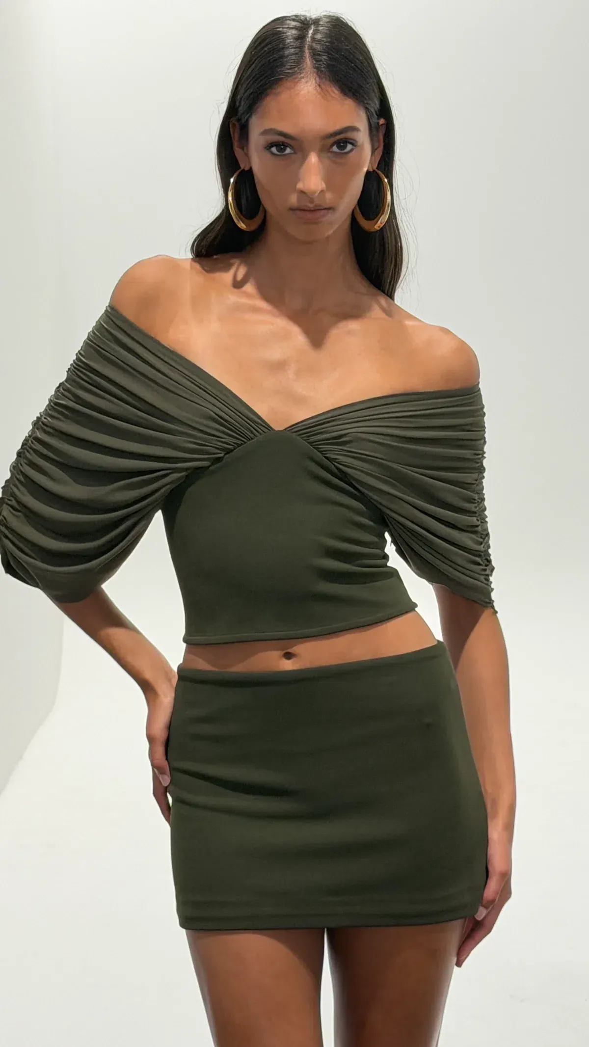 Ance Gria Neve Top & Mini Skirt Set Olive Green Size XS (6) - Image 1