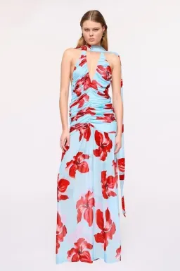 Chloe Floral Halter Mesh Plunge Maxi Dress – Blue Pink By Suboo Size S for rent on The Volte - image 1