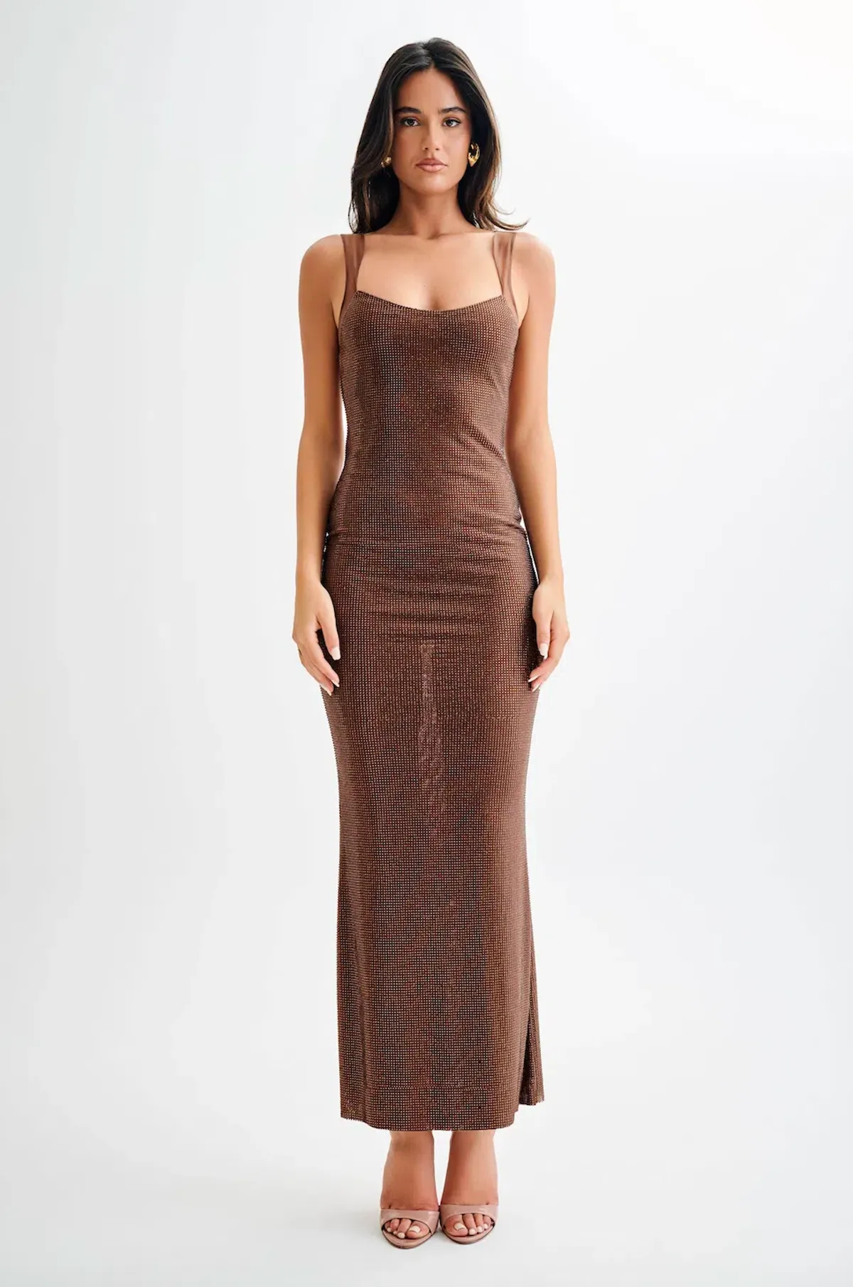 Jasmyn Hot Fix Maxi Dress With Mesh Back - Chocolate, size XS - Image 3