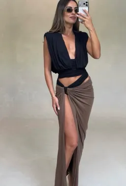 Bec & Bridge Anaya drape maxi skirt latte & oria top black size XS for rent on The Volte - image 1