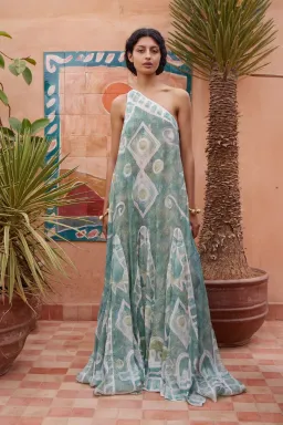 ALEMAIS Samira One Shoulder Gown Blue Print Size 10 AU for rent on The Volte - image 7