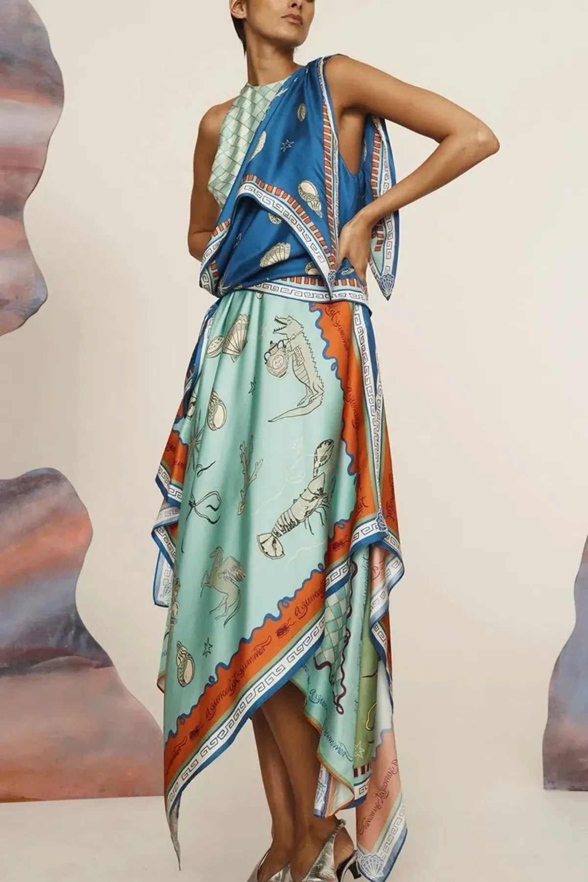 ALEMAIS Surrealist Summer Scarf Midi Dress Blue Size 8 AU - Image 11