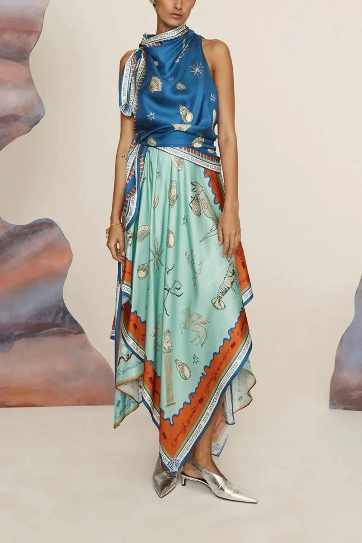 ALEMAIS Surrealist Summer Scarf Midi Dress Blue Size 8 AU - Image 7