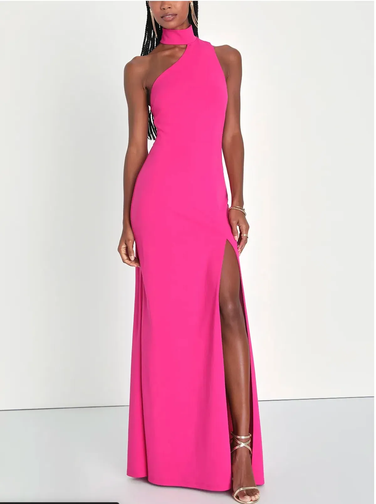 LuLu's Keep It Interesting Hot Pink Asymmetrical Halter Maxi Dress - Image 1
