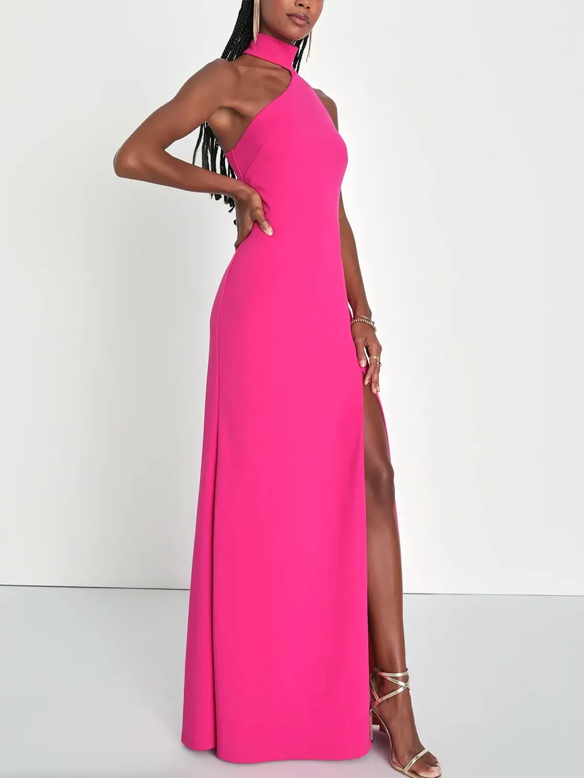 LuLu's Keep It Interesting Hot Pink Asymmetrical Halter Maxi Dress - Image 3