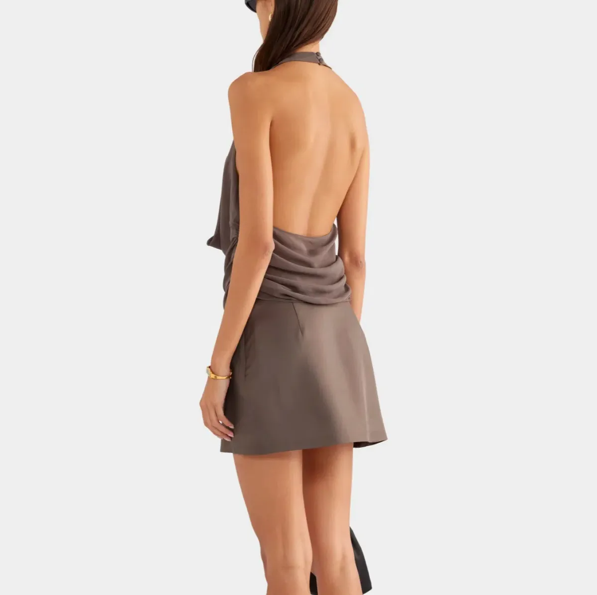 VENROY Deep Cowl Sheer Silk Halter Top & Embellished Silk Mini Skirt Set In Brown XS - Image 3
