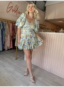 Leo and Lin Verde Puff Sleeve Mini Dress Floral Size AU 12 for rent on The Volte - image 1