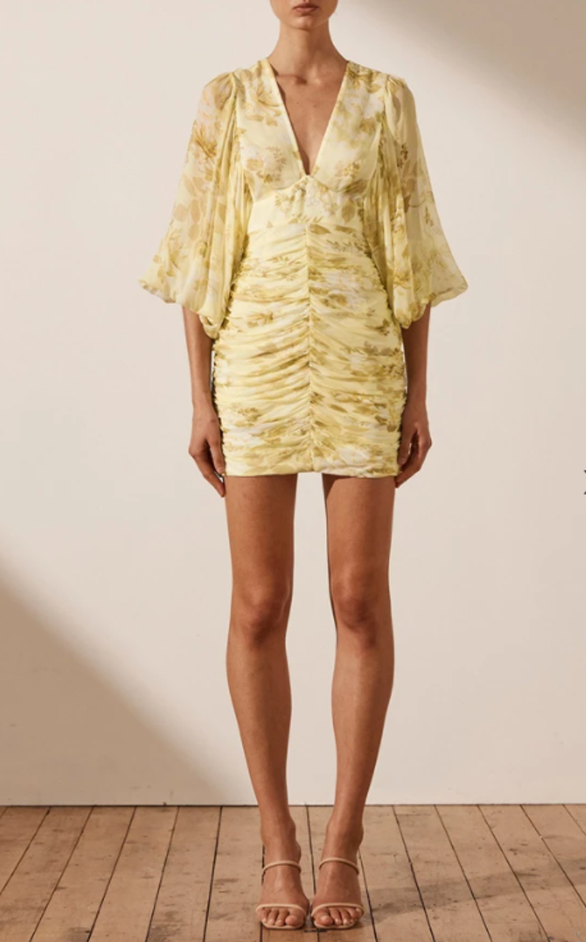 Shona Joy Leticia Plunged Ruched Midi Dress Yellow Size 8 - Image 2