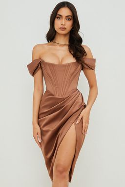House Of CB Loretta Satin Off Shoulder Midi Dress Brown Size 8 for rent on The Volte - image 5
