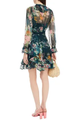 Zimmermann Wavelength Scallop Ruffled Wrap Around Mini Dress Teal Daphne Floral Print Size 1 / AU 10 for rent on The Volte - image 2
