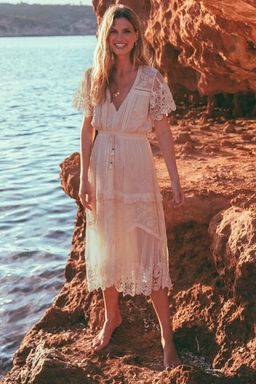 Spell Designs Maggie Embroidered Midi Dress Cream Size 10 for rent on The Volte - image 1
