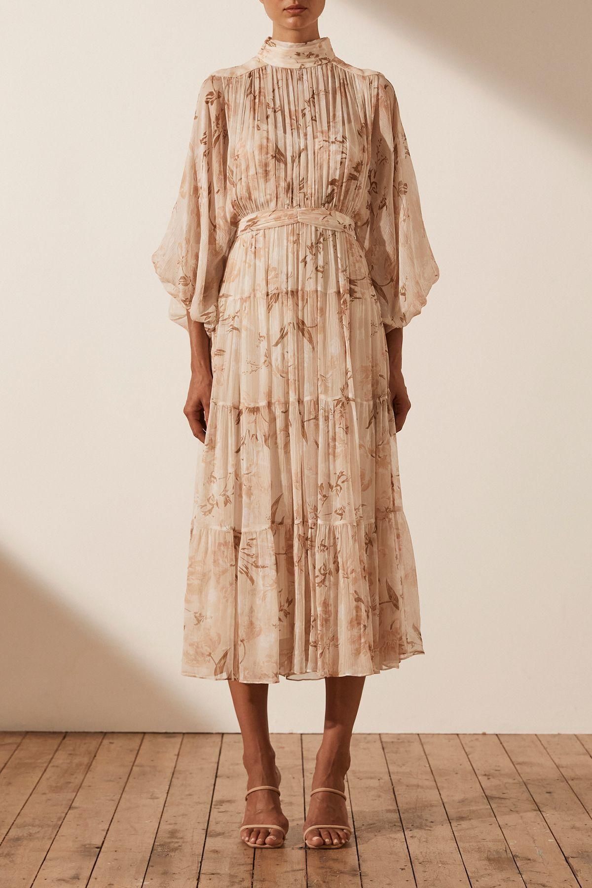 Shona Joy Nina Long Sleeve Backless Tiered Midi Dress Print Size 8 - Image 1
