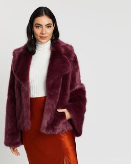 Unreal Fur Madam Butterfly Jacket Wine Size 10  for rent on The Volte - image 1