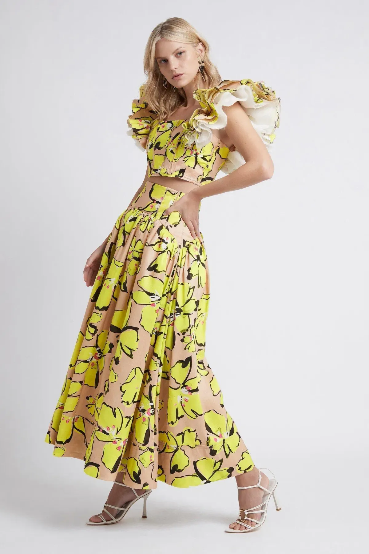 Aje Pelicano Citrus Bloom Midi Skirt and Frill Cropped Top Set Size 10 - Image 3