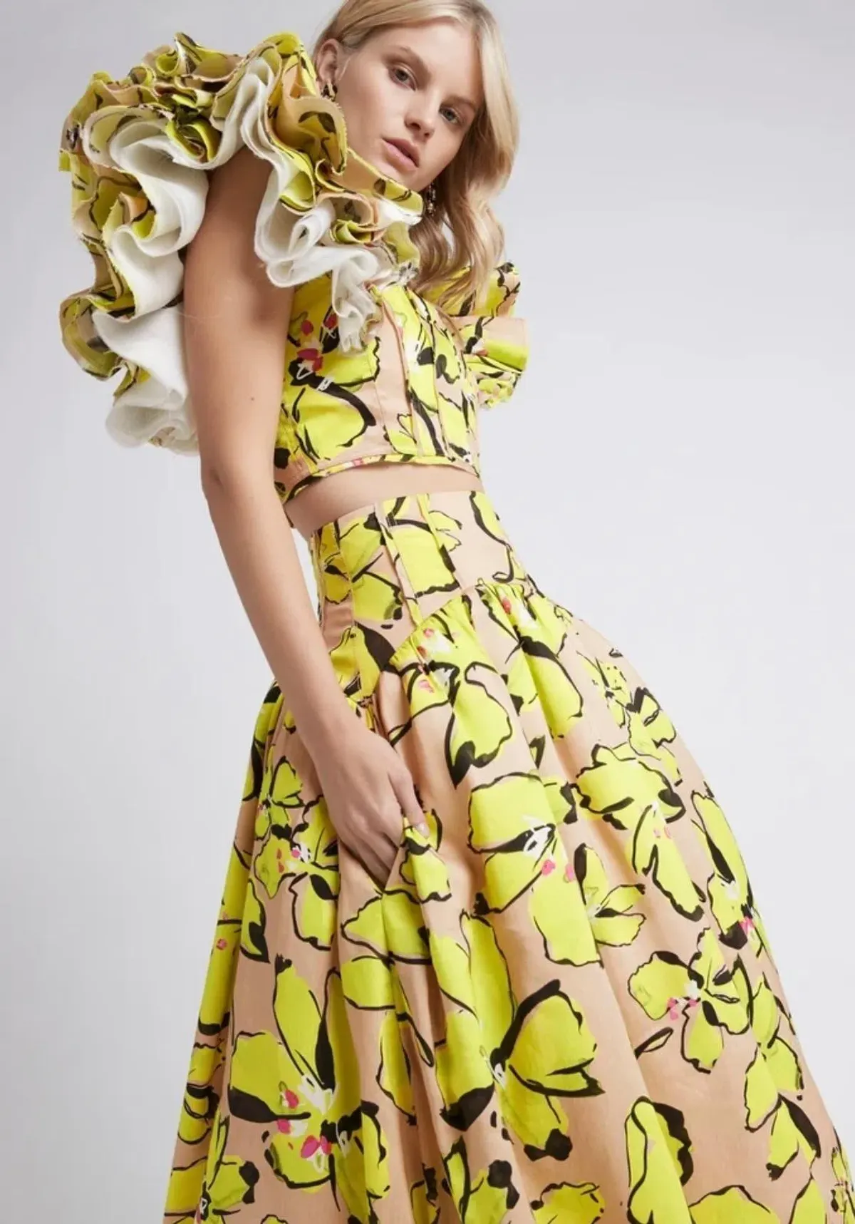 Aje Pelicano Citrus Bloom Midi Skirt and Frill Cropped Top Set Size 12 - Image 2