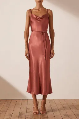 Shona Joy La Lune Bias Cowl Midi Dress Terracotta Size 8 for rent on The Volte - image 1