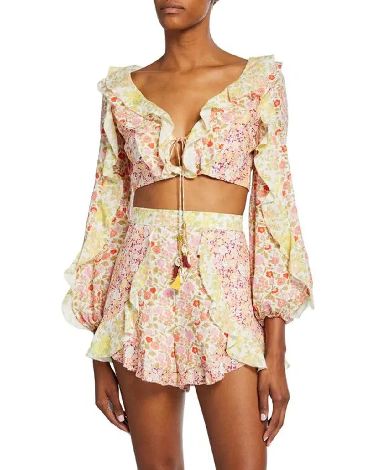 Zimmermann Goldie Splice Frill Crop Top and Short Set Print Size 6 - Image 2