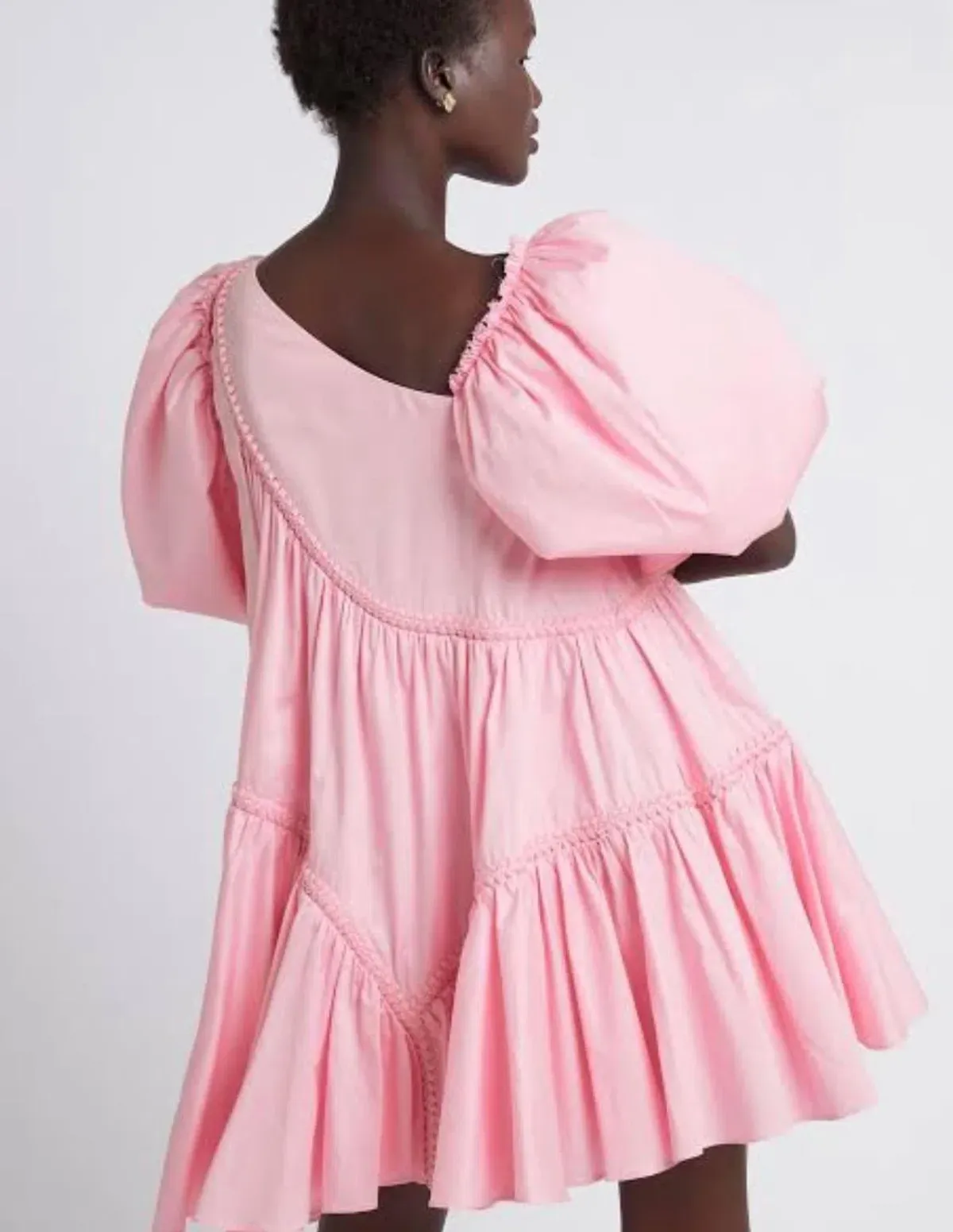 Casabianca Braided Asymmetric Puff Sleeve Mini Dress Pink Size 8 - Image 3