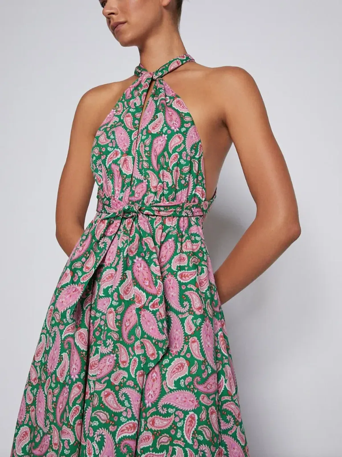 Scanlan Theodore Cotton Paisley Halter Dress Kelly Green Size 8 - Image 4