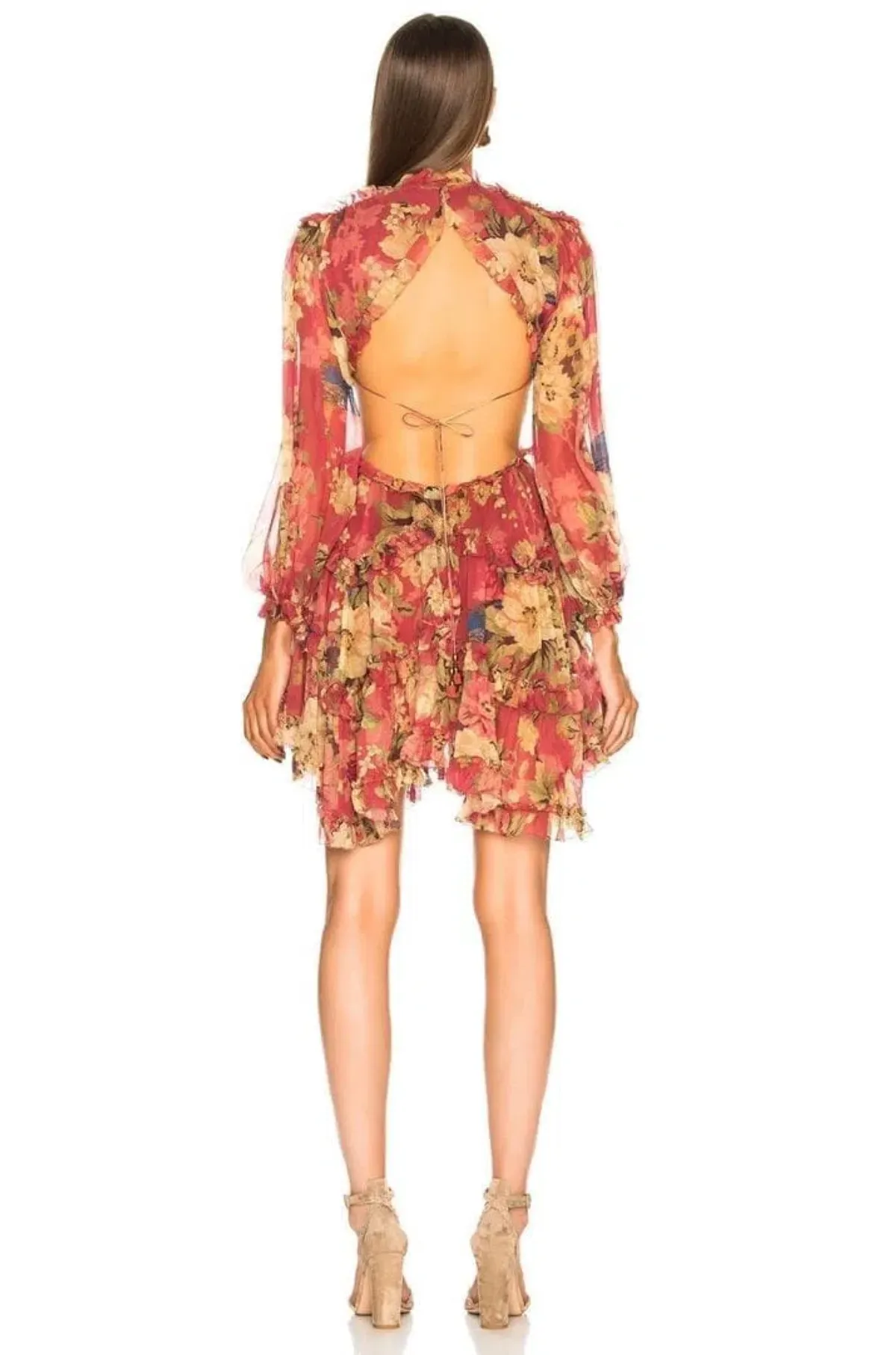 Zimmermann Melody Lace Up Short Dress Burgundy/Floral Size 6 - Image 2