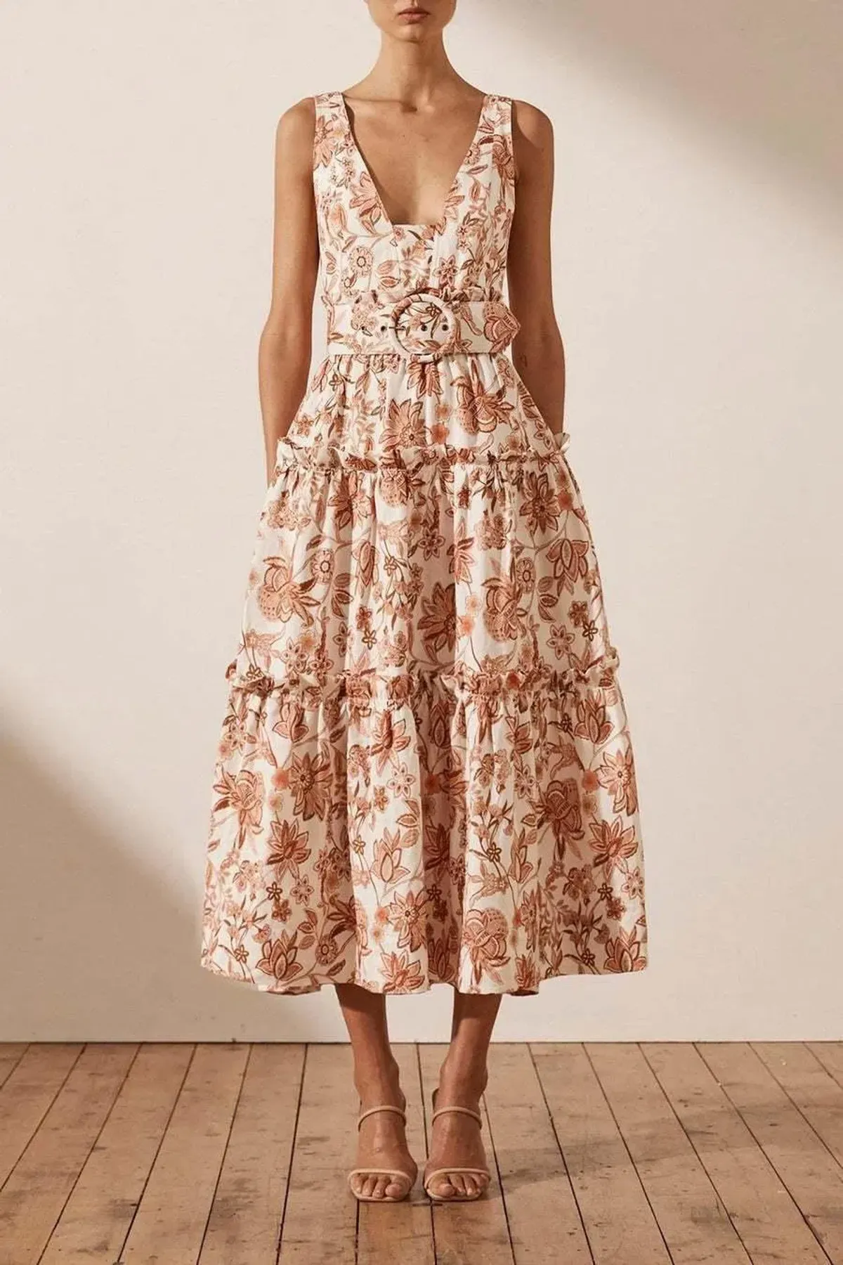 Shona Joy Carolina Linen Tiered Midi Floral Dress Print Size 10 - Image 3