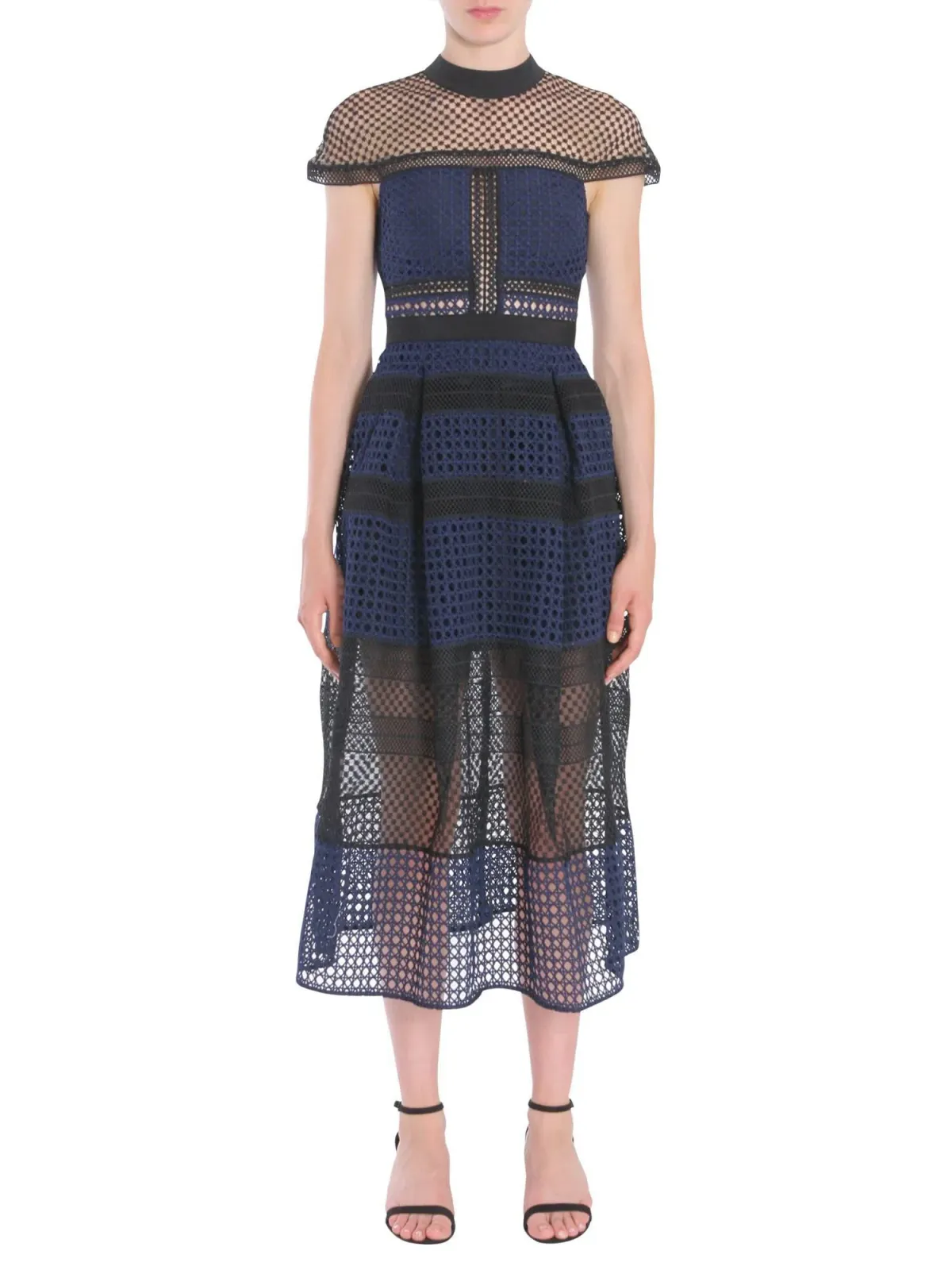 Self Portrait Crosshatch Midi Guipure Lace Dress Navy Size 8 - Image 1