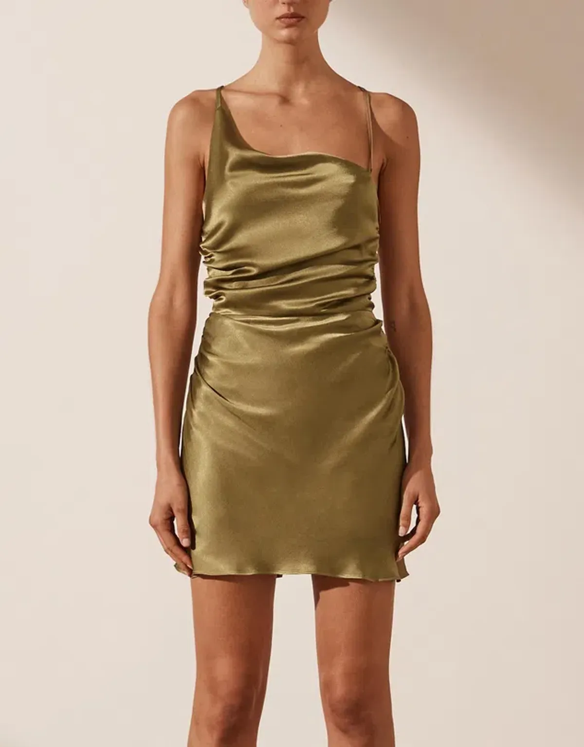 Shona Joy Alma Asymmetrical Bias Cowl Mini Dress Green Size 8 - Image 1