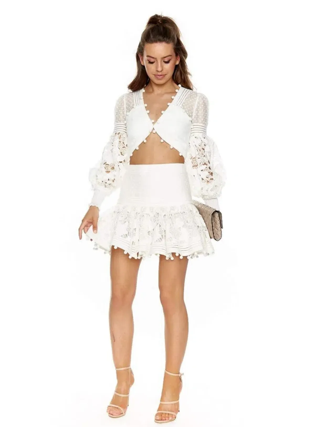 Zimmermann Corsage Pom-Pom Embellished Set Ivory Size 8 - Image 1