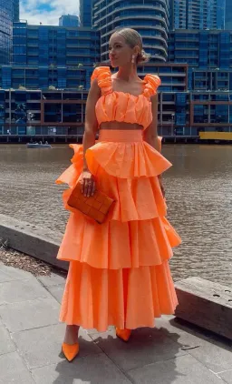 Aje Medina Ruched Crop Top and Tiered Midi Skirt Set Orange Size 10 for rent on The Volte - image 3