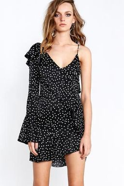 Shakuhachi Spot On One Sleeve Ruffle Polka Dot Dress Print Size 8 for rent on The Volte - image 2