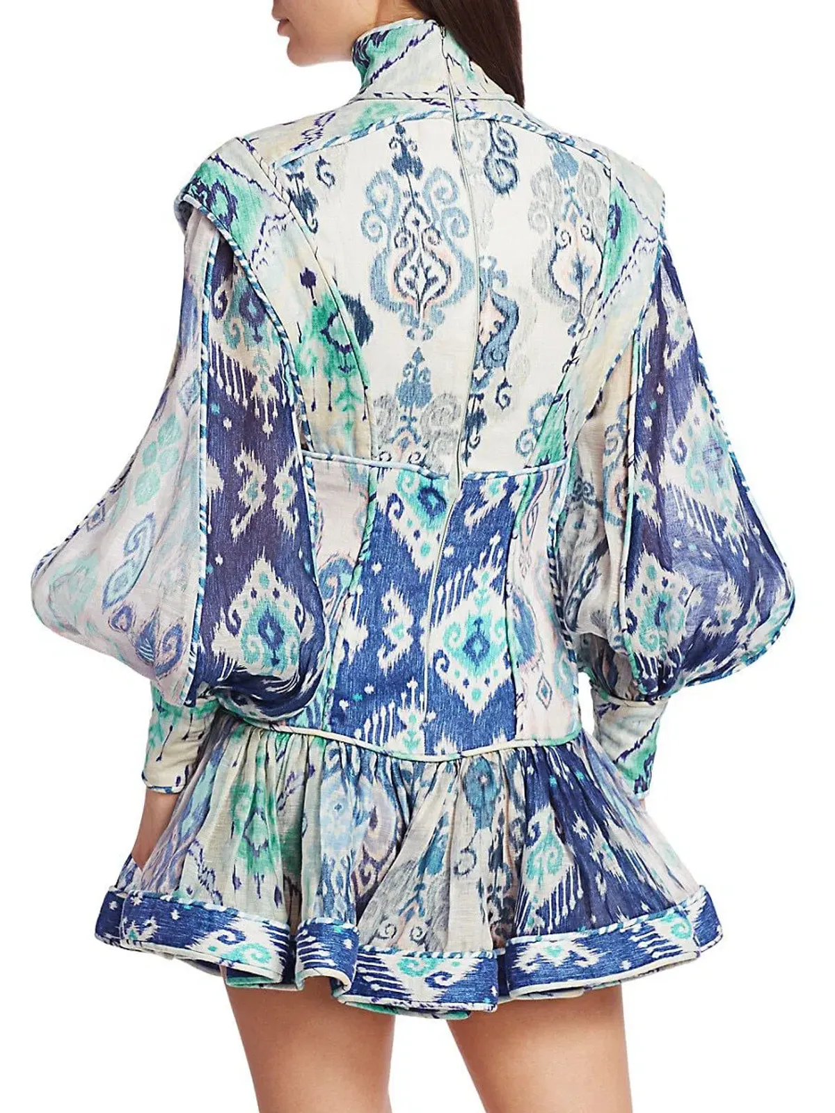 Zimmermann Glassy Long Sleeve Mini Dress Spliced Blue Ikat Print Size 0 / AU 8 - Image 2