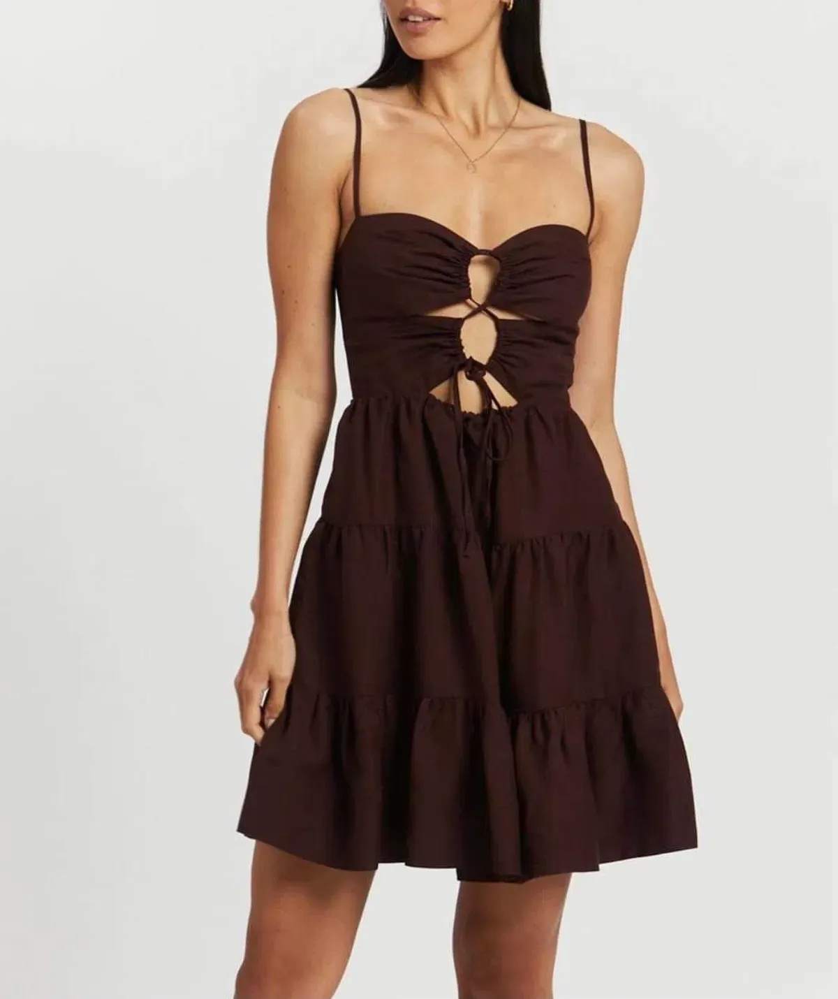 Shona Joy Rubi Lace Up Mini Dress in Cocoa Brown Size 10 - Image 2