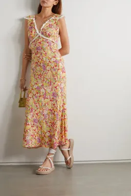 Rixo Storm Crochet Trimmed Crepe Midi Dress Floral Print Size 6 for rent on The Volte - image 1