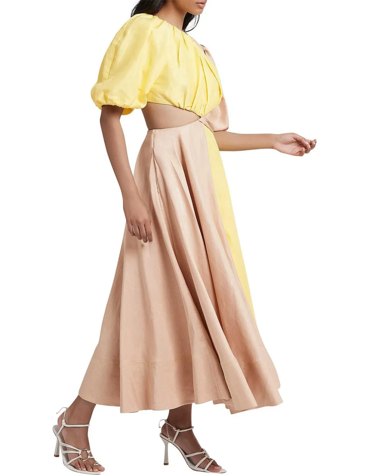 Aje Caliente Two Tone Puff Sleeve Dress Yellow Beige Size 8 - Image 3