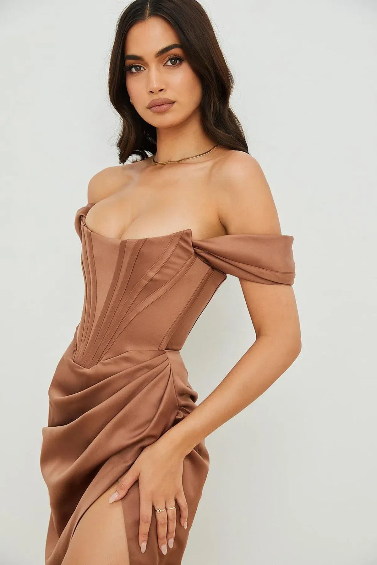 House of CB Loretta Satin Off Shoulder Midi Dress Brown Size XS / Au 6 - Image 2