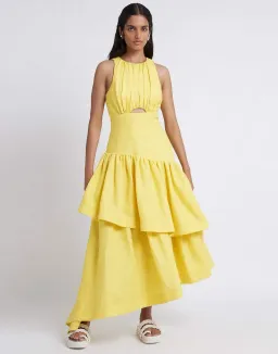 Aje Caliente Tiered Cut Out Midi Dress Yellow Size 14 for rent on The Volte - image 1