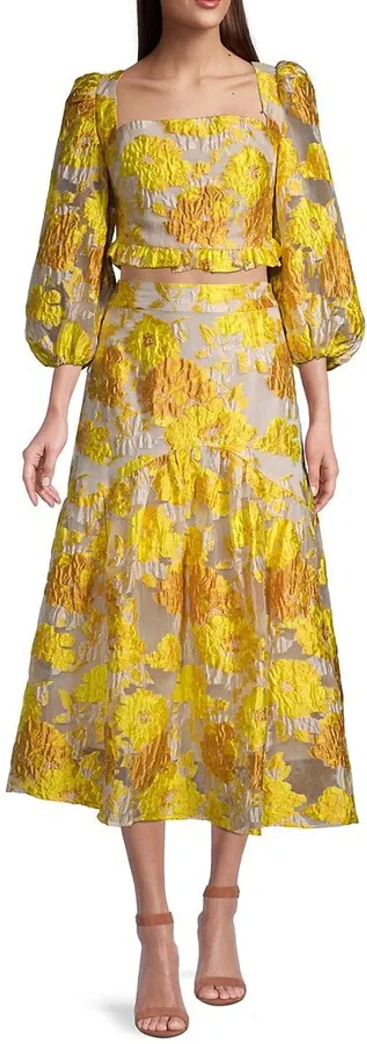 Elliatt Prowess Cropped Ruffle Top and High Rise Skirt Set Yellow Size 6 - Image 4