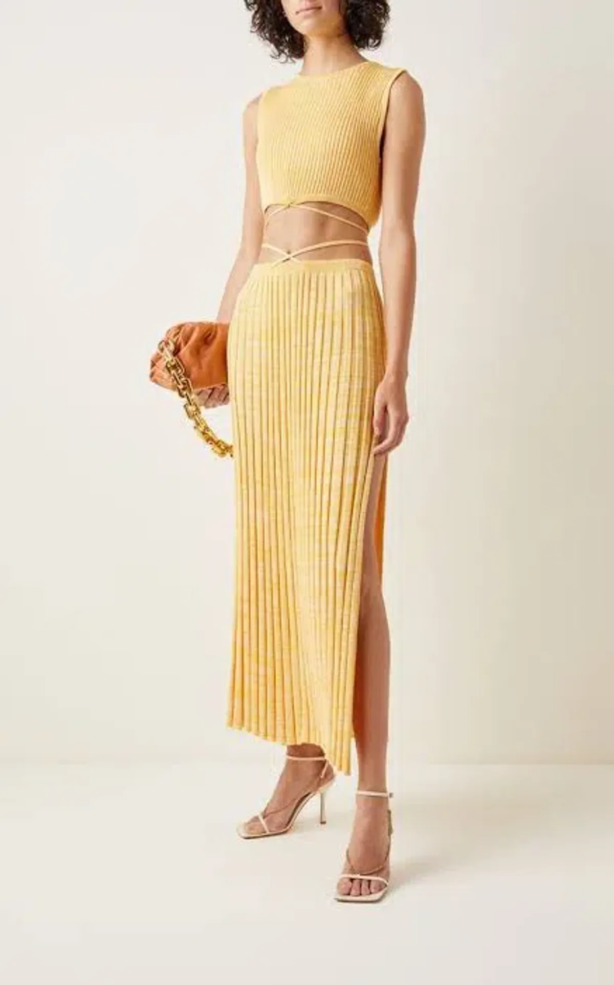 Christopher Esber Wrap Tie Knit Cropped Top and Pleated Knit Tie Midi Skirt Set Yellow Size 4 - Image 4