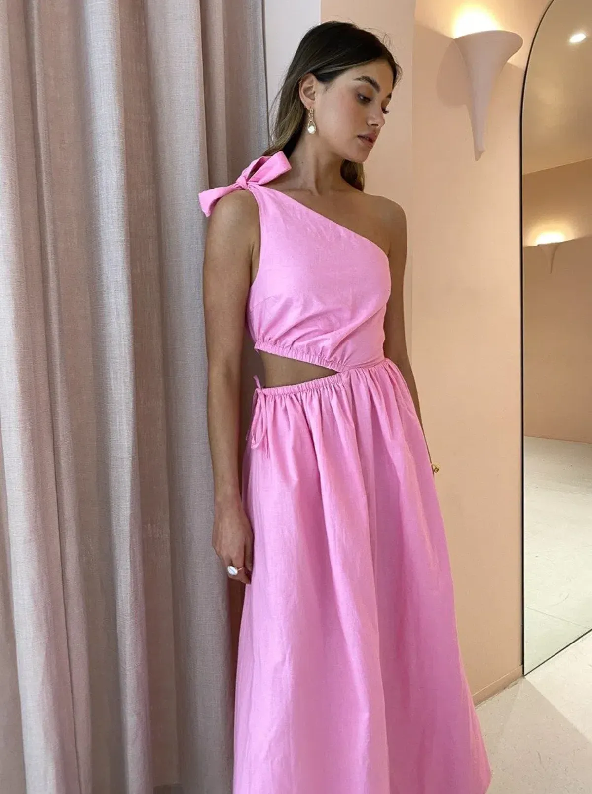 By Nicola Gabriella One Shoulder Midi Dress in Pink Grapefruit Size 6 - Image 4