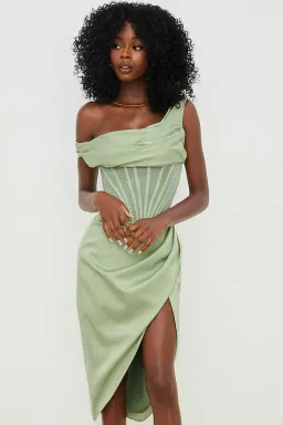 House of CB Lulu Pistachio Asymmetric Drape Corset Midi Dress Green Size 8 for rent on The Volte - image 6
