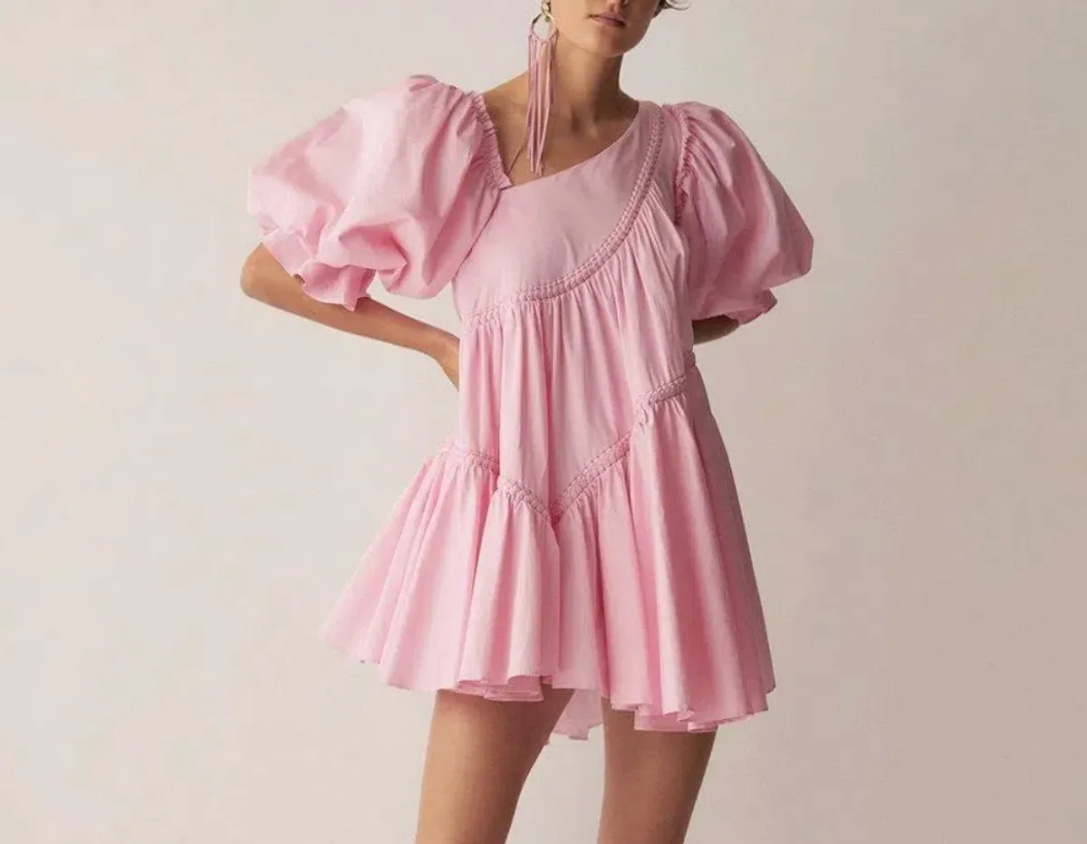 Aje Casabianca Braided Asymmetric Puff Sleeve Mini Dress Pink Size 16 - Image 3